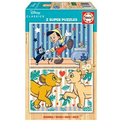 Imagen de Educa 2x50 Disney Classics, 2 Puzzles de Madera ecológica Resistente con 50 Piezas Cada uno, diversión por Partida Doble, Medidas: 26 x 18 cm, A Partir 4 años (19290)