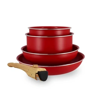Imagen de Menastyl 6020585 Batería de cocina (5 piezas, aluminio reciclado, 2 sartenes 22 cm y 26 + 16 18 1 mango extraíble, todos los fuegos incluidos inducción