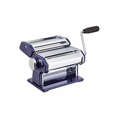 Imagen de KitchenCraft World of Flavours pasta Maker, Máquina manual para hacer con 9 grosores ajustables, cortador doble italiano de lujo, acero inoxidable, azul