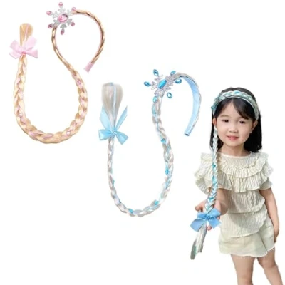 Imagen de JDCMEI Pelucas Trenzadas de Princesa, 2 Piezas Diademas para Niñas, Peluca Trenza Princesa Diadema Rapunzel Trenzas Princesas, Cosplay y Juegos Rol