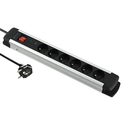 Imagen de Electraline 35436 Alu Line Regleta de 6 enchufes (aluminio y protección contra sobretensiones, 2 m), color negro, Prises Parafoudre