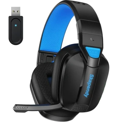 Imagen de Skapendy VK80 Cascos Gaming Inalambricos para Ps5, Ps4,PC, Switch, Auriculares de 2.4G con micrófono cancelación Ruido, Bluetooth 5.4 Modo Dual (Negro Azul)