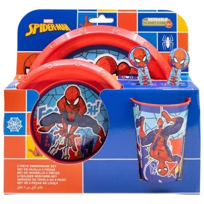 Imagen de Set vajilla infantil reutilizable de 5 piezas: vaso, plato, cuenco y cubiertos Spiderman