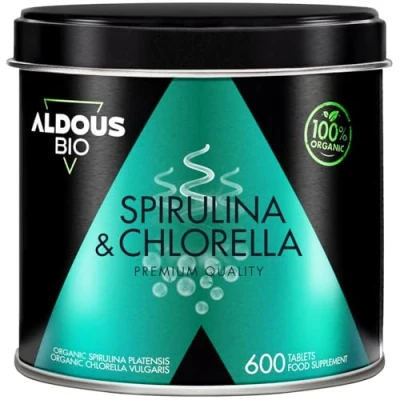 Imagen de 600 Comprimidos Chlorella y Espirulina Ecológica para 100 días 3000mg por dosis diaria Vegano Saciante DETOX Proteína Vegana Sin Aditivos Certificación Oficial Aldous Bio