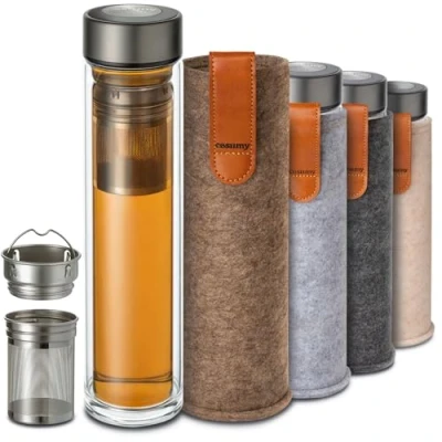 Imagen de Botella de Té con Infusor 500 ml Vidrio Doble Pared Funda Fieltro Resistente al calor A Prueba Fugas Apta para Lavavajillas (Marrón Arena)