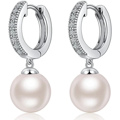 Imagen de Pendientes Perlas,Pendientes Plata Perlas Mujer,Pendientes Colgante,Pendientes Circonita Perla Oro Blanco,Pendientes Mujer Oro,Pendientes Gota Rosa,Pendientes 10mm