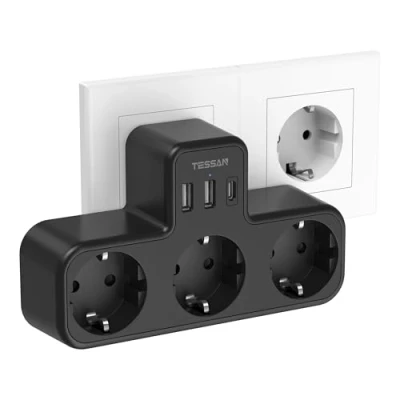 Imagen de TESSAN Ladron Enchufes con 3 Tomas CA y Puertos USB, 15W Cargador USB C, 6 en 1 Enchufe múltiple forma de T, 3600W Regleta Pared Compatibles para Sala Estar, Dormitorio Oficina, Negro