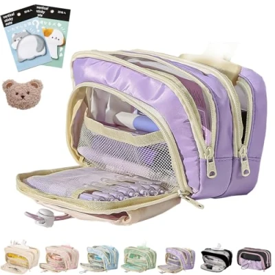 Imagen de Big Capacity Pencil Case, Beige Large Pouch, Pouch Organizer, 3 Compartments Simple Storage Aesthetic Case (Purple)