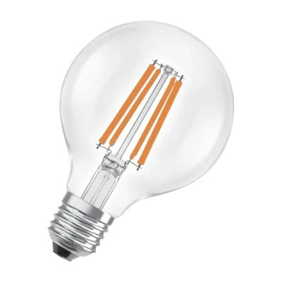 Imagen de OSRAM en forma clásica de globo, con filamento LED decorativo, A, E27, 5 W, 1055 lm, 2700 K, blanco cálido. Sin calentar, 100% luz inmediatamente. Parpadeo bajo.