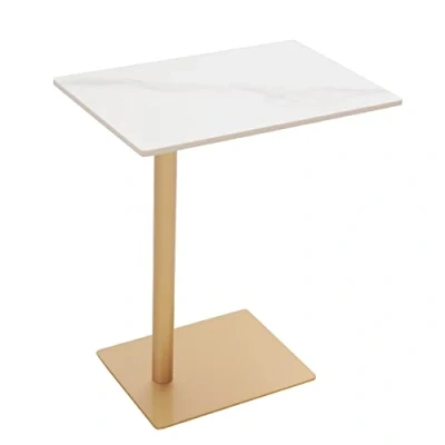 Imagen de Cre Cra Mesa Auxiliar mármol,Mesa Lateral para Sofá,Mesas Ordenador,Mesita Café,Metal,Mesa Forma de C,Mesitas Auxiliares Salón,Dormitorio y Oficina,Mesita Blanco/Oro