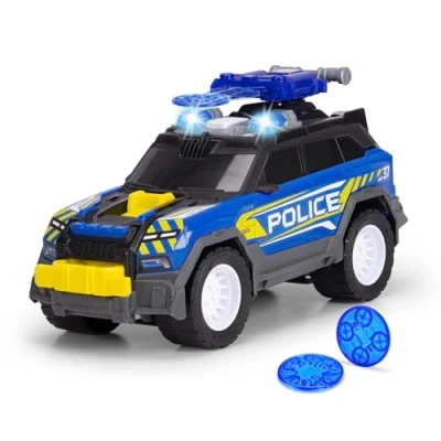 Imagen de Dickie Toys Coche de Policía SUV 30 cm City Heroes con Luz y Sonido, Partes Que se abren, Función Lanzamiento Discos (2 incluidos), Pilas Incluidas. A Partir 3 años (203306022