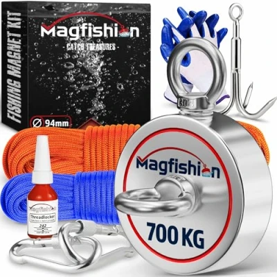 Imagen de MAGFISHION Juego de Pesca Magnética Fuerza Atracción 350 KG Ø94mm Imanes Neodimio Potentes con 2 Cuerdas, Gancho Grapa y Guantes Iman