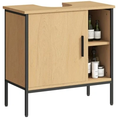Imagen de HOMCOM Mueble bajo Lavabo de Baño con Puerta y Estante Ajustable para Pedestal 60x30x59,5 cm Roble