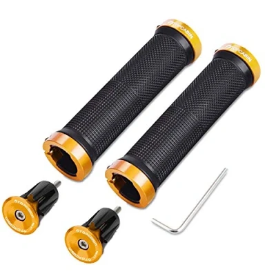 Imagen de TOPCABIN Puños de bicicleta con doble bloqueo en para manillar bicicleta, montaña, BMX floding (tapón aluminio+agarres) oro 1 par