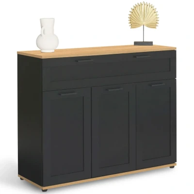 Imagen de IDMarket VITO Aparador de 100 cm, 3 puertas y 1 cajón, color negro bandeja madera
