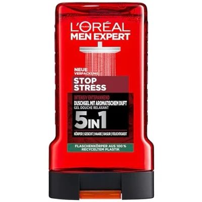 Imagen de L&#039;Oréal Men Expert Gel de ducha y champú para hombres, baño limpiar el cuerpo, cabello la cara, cuidado corporal hombre una frescura duradera con fragancia aromática, Stop