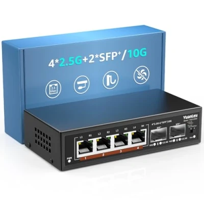 Imagen de 6 Puertos 2.5G Switch Ethernet Umanaged, 4 Base T, 2 10G SFP, Compatible 100/1000/2500Mbps, Fanless Pared Conmutador de Red YuanLey 2.5Gbe para Ap Inalámbrico, NAS, PC