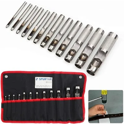 Imagen de Spurtar Punzones de Agujero 12 Piezas Sacabocados Cuero Perforador Cinturones Juego Punzón Hueco con Bolsa Almacenamiento 1/8 a 3/4 Pulgadas