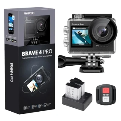 Imagen de AKASO Cámara Deportiva 4K 30FPS 20MP Dual Pantalla de Acción Subacuática con EIS 40M 5xZoom, Camara Acuatica Sumergible 2 * 1350mAh Baterías Accesorios Multiples Brave 4 Pro