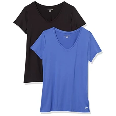 Imagen de Amazon Essentials Camiseta técnica elástica de Manga Corta y Cuello en Pico (Disponible Tallas Grandes) Mujer, Pack 2, Azul Brillante/Negro, S