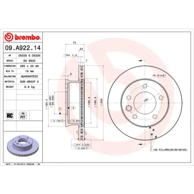 Imagen de BREMBO 09.A922.14 Disco de freno 285 22 5 ventilación interna altamente carbonizado MERCEDES BENZ: Sprinter 3 T Furgón