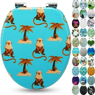 Imagen de Sanfino® Premium Tapa de WC con descenso automático asiento inodoro madera, muchos motivos coloridos y decorativos, cómodo, montaje fácil instrucciones incl. &quot;Monkey Island&quot;