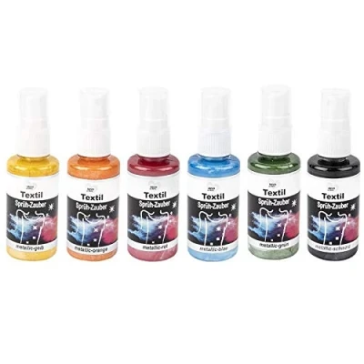 Imagen de Ideen mit Herz Pintura textil en spray, metalizada, 6x 50 ml altamente pigmentada alto brillo para textiles claros y oscuros a base de agua (Set 3 amarillo, naranja, rojo, azul, verde, negro)