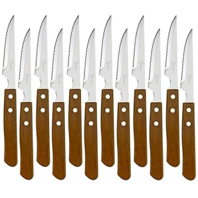 Imagen de Juego de 12 Cuchillos chuletero Mesa con Mango Madera Natural, Cuchillo Carne Acero Inoxidable Hoja Microdentado