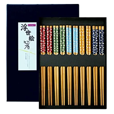 Imagen de Exzact Set de regalo para palillos 10 pares bambú natural reutilizables en una hermosa caja negra hecha a mano Estilo japonés decorado