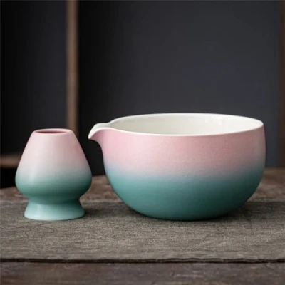 Imagen de TEANAGOO Tazón de Cerámica Japonesa Matcha con Batidor,18 OZ.K11,Verde Rosa Degradado,Tazón Té Chawan,Tazón Matcha,Tazones para...