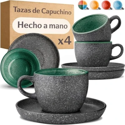 Imagen de Cosumy Set de 4 Tazas Capuchino 200ml en Cerámica con Platillos Juego Café Moderno Gres Grueso Esmalte Reactivo Hecho a Mano Mantiene el Calor por Más Tiempo (Verde)