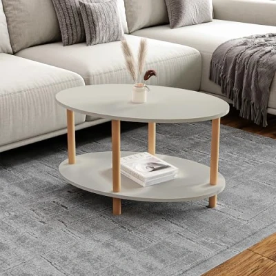 Imagen de [en.casa] Mesa de Centro Ovalada Højreby con Estante y 4 Patas Auxiliar Mueble Salón Oficina Aglomerado/Madera Haya 43 x 70 44 cm Color Arenisca