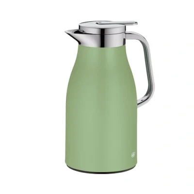 Imagen de alfi Skyline 1,0 l, Celadon Green Mat, Jarra isotérmica de Acero Inoxidable con inserción higiénica Vidrio Duro, tapón Rosca cómodo pulsador, Mango ergonómico a una Mano, café o té