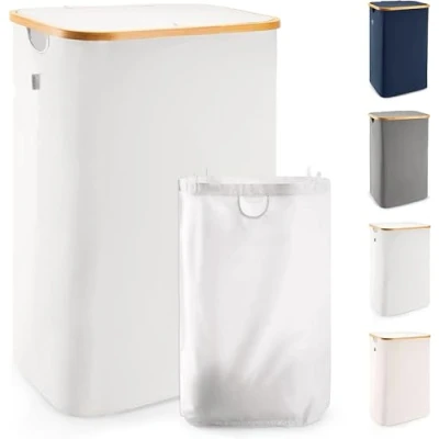 Imagen de Lonbet Cestos de lavandería con bolsas y tapa. Cesto para la ropa sucia hecho bambú dormitorios, tamaño XL, 100 L, gris claro