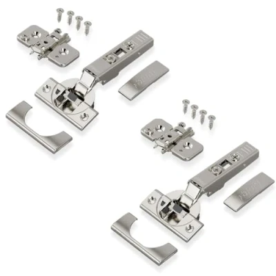 Imagen de BLUM CLIP TOP BLUMOTION Bisagra para muebles (2 unidades, 110, recta, con muelle, tornillos, tope de esquina + placa montaje en cruz excéntrica, acero, distancia 0 mm)