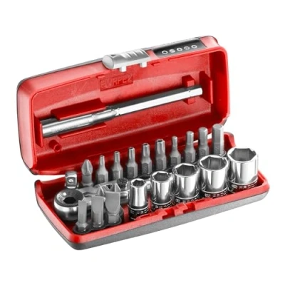 Imagen de FACOM Juego de 23 Piezas R.180, Vasos 1/4&quot; 6 Caras Métricos y Puntas, Incluye Trinquete Compacto Cabeza Flexible, Alargadera, Porta Cofre Bi Material, R1PICO