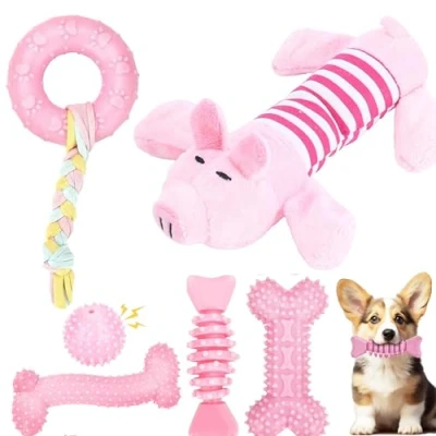 Imagen de CAMITER 6 juguetes para cachorros, interactivos de dentición el aburrimiento, masticables perros pequeños y grandes (rosa)