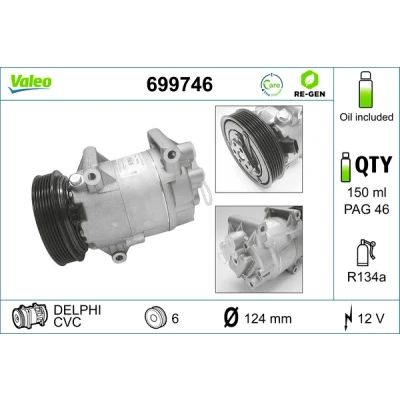 Imagen de VALEO 699746 compresor de Aire Acondicionado CVC 12 PAG 46 R 134 a con aceite REFERENCIA RENOVADA RENAULT: MEGANE 2, SCENIC 2