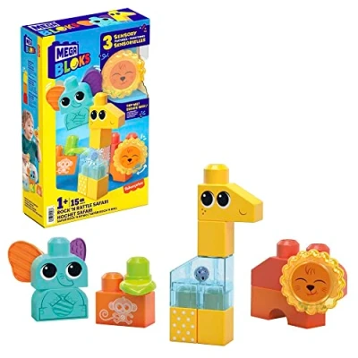 Imagen de Mega Bloks Safari 15 Bloques sensoriales de construcción (león, Jirafa y Elefante), Juguete +1 año (Mattel HKN42)