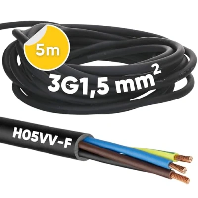 Imagen de Kalitec H05VV F cable de manguera (5 m, 3 x 1,5 mm², alimentación 3G1,5 con conductor protección, PVC para interiores, eléctrico negro, lámpara flexible,