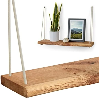 Imagen de VILLANORD® Estantería de pared madera maciza roble alemán, rústica, con borde natural, 60 cm, para colgar, incluye cuerda y ganchos