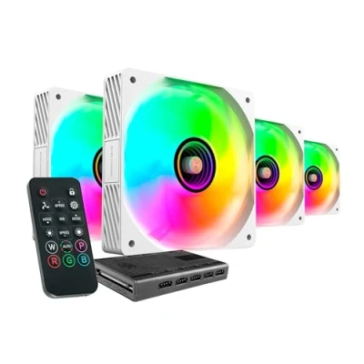 Imagen de Mars Gaming MF SI4KIT, Kit 4x Ventiladores Ultrasilenciosos 120mm, Iluminación ARGB Infinity Mirror, Rodamientos FDB y Núcleo de Cobre, Mando a Distancia HUB, Compatibilidad Total ARGB, Blanco