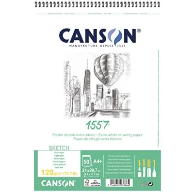 Imagen de Canson 1557, Papel de boceto Blanco, Grando ligero, 120g, Espiralados sobre el lado corto, A4 21x29,7cm, Extra 50 Hojas