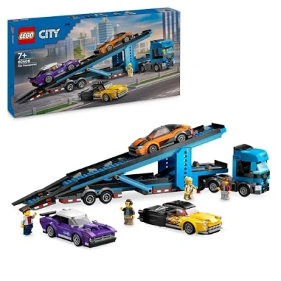 Imagen de Lego City Camión de Transporte con Deportivos y Remolque, Set 4 Vehículos Coches Juguete, Regalo Cumpleaños para Niños Niñas 7 Años o Más, Minifiguras 60408