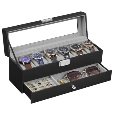 Imagen de SONGMICS Caja de Reloj, Estuche Reloj con Tapa Cristal 2 Niveles para 6 Relojes, Cerradura, 1 Cajón, Anillos Pulseras, Regalo Ideal, Superficie PU Negro y Forro Gris JWB060G01