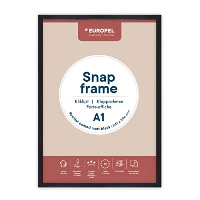Imagen de Europel Marco de luz para póster A1 negro mate y perfil con acabado en polvo, 25 x 11 mm, aluminio anodizado protector antirreflejos, dimensiones exteriores 625 872 parte trasera
