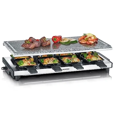 Imagen de SEVERIN raclette grill con piedra natural, parrilla eléctrica de sobremesa, para 8 personas placa y sartenes, plástico/acero inoxidable, negro, RG 2374