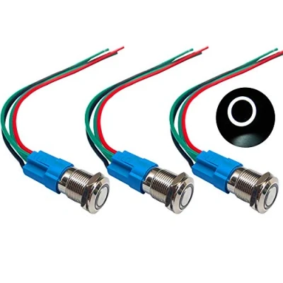 Imagen de QitinDasen 3Pcs Premium 12V / 24V 3A Interruptor de Botón Momentáneo, 12mm Metálico, LED Blanco Pulsador Impermeable IP66 con Enchufe Cable