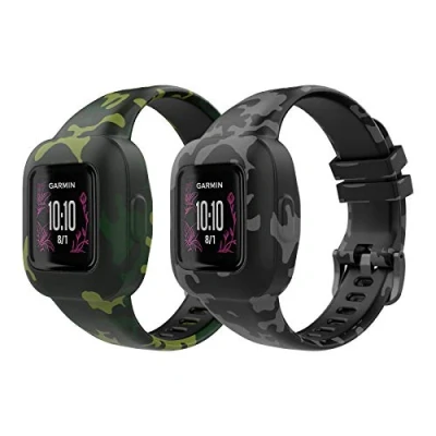 Imagen de MoKo 2PZS Correa Reloj Compatible con Garmin Vivofit JR 3, Pulsera de Repuesto Silicona Suave, Verde Camuflaje &amp; Gris