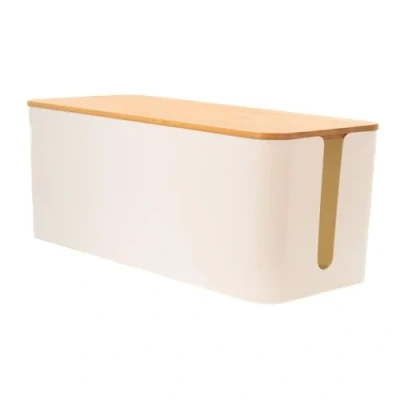 Imagen de Intirilife Caja para Cables con Tapa de bambú en Blanco 32 x 12.5 13.5 cm gestión Cables, Organizador Ocultar y enchufes
